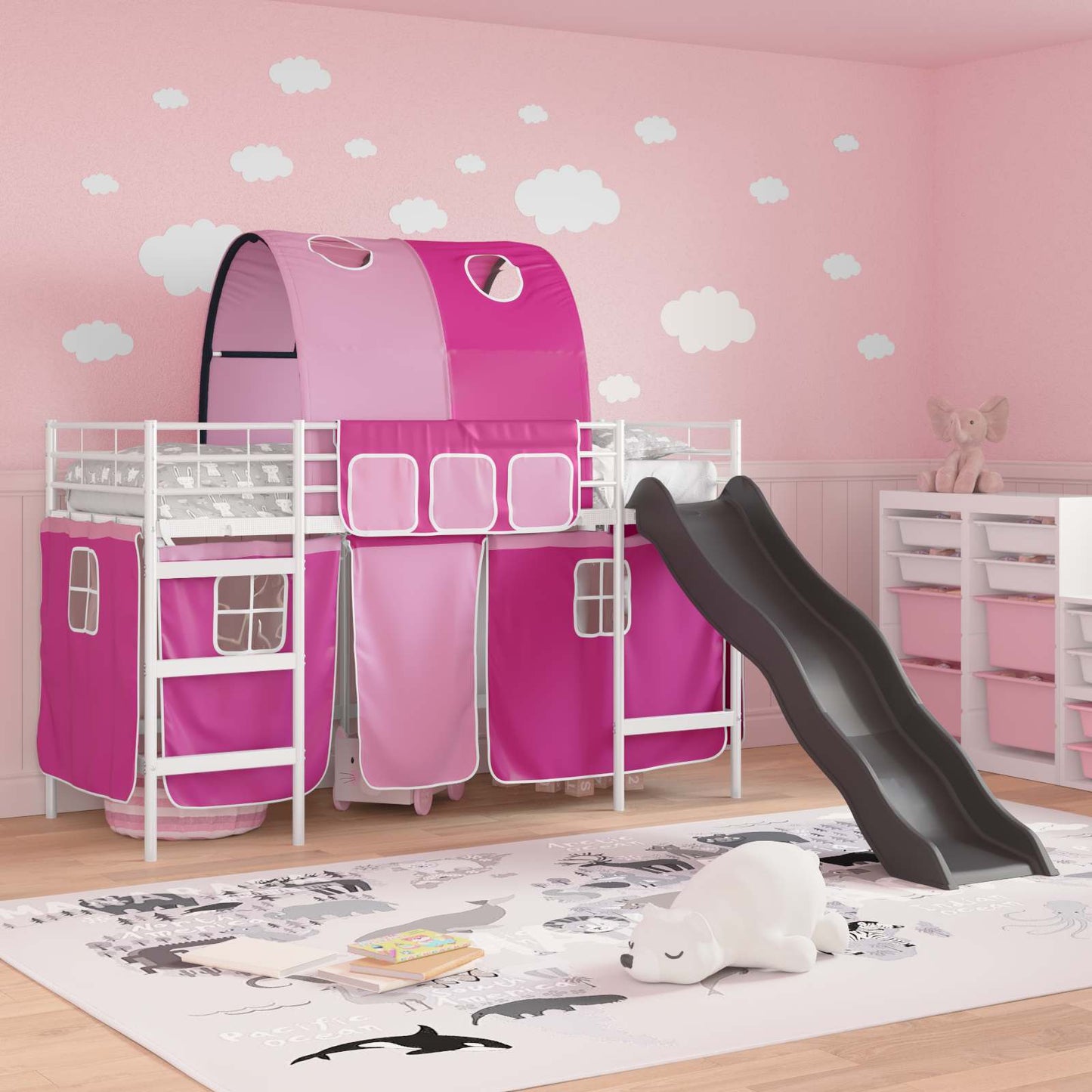 Etagenbett für Kinder mit Vorhängen Weiß und Rosa 90 x 190 cm