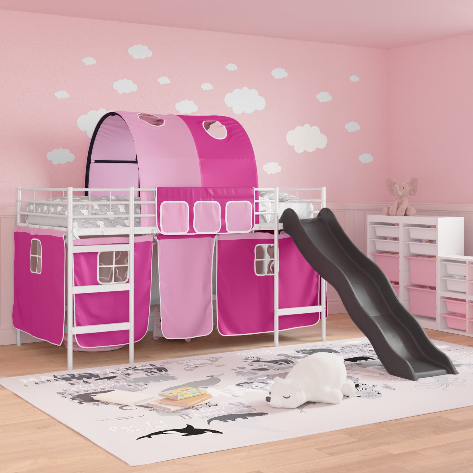 Etagenbett für Kinder mit Vorhängen Weiß und Rosa 90 x 200 cm