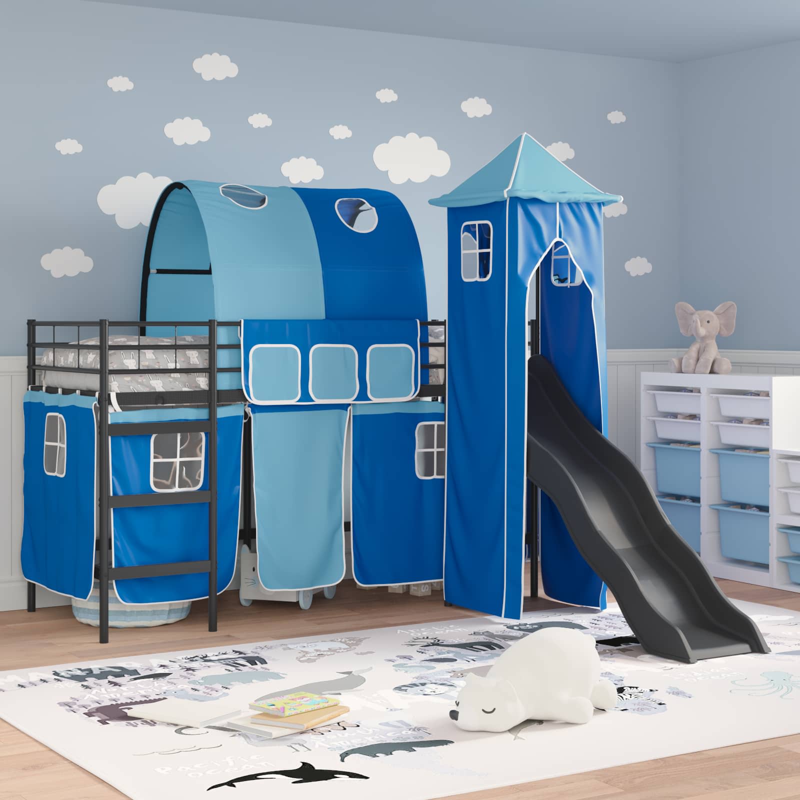 Kinder Etagenbett Gestell Schwarz und Blau 75 x 190 cm Metall