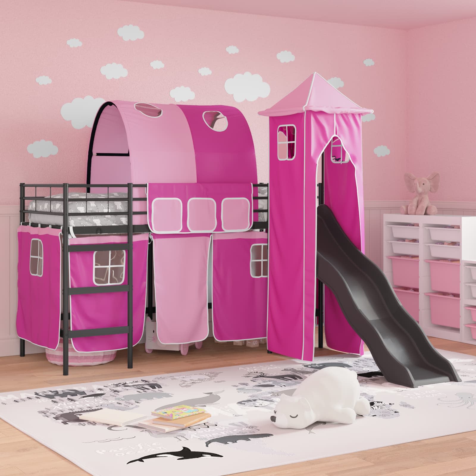 Kinder Etagenbett Gestell Schwarz und Pink 90 x 190 cm Metall