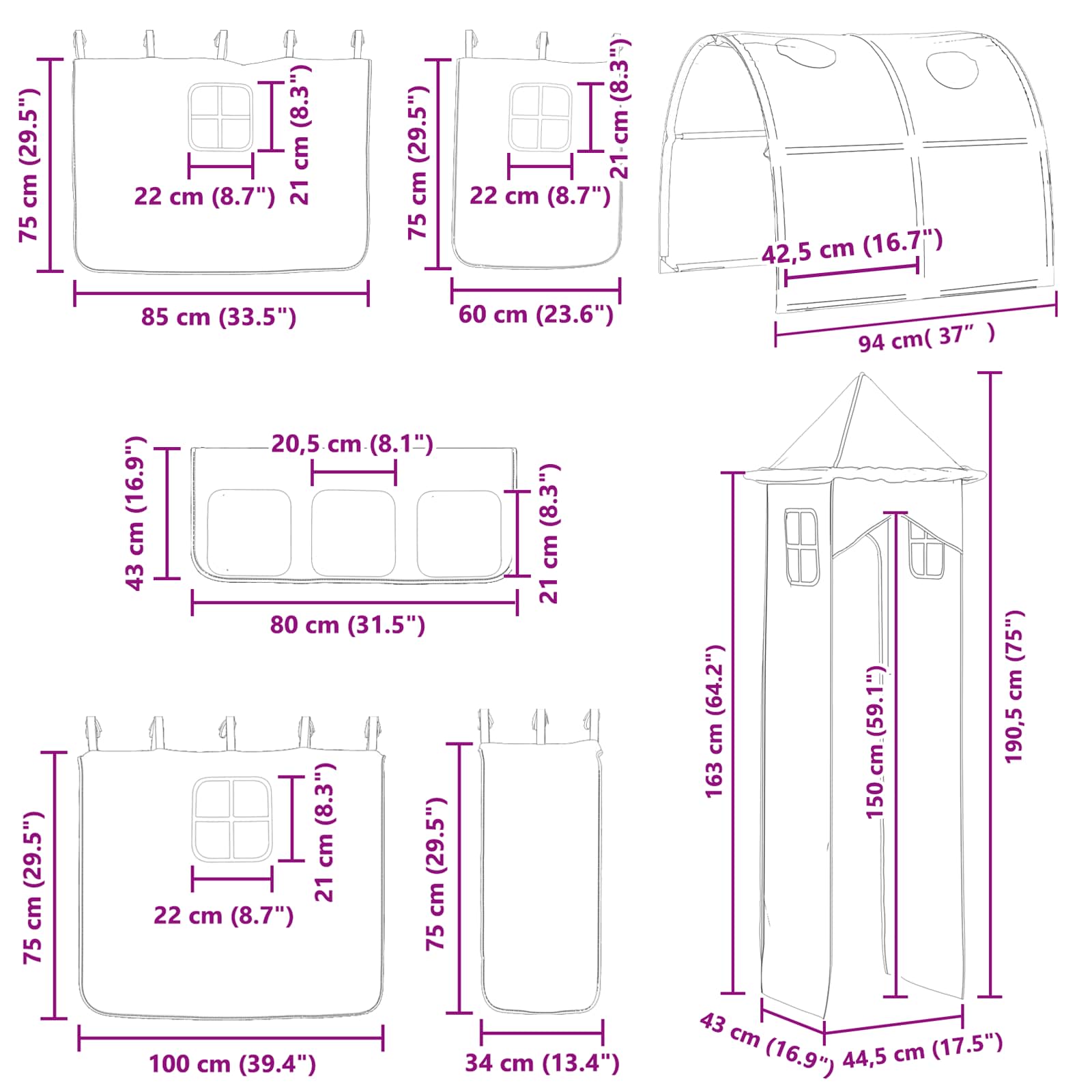 Kinder Etagenbett Gestell Schwarz und Pink 100 x 190 cm Metall
