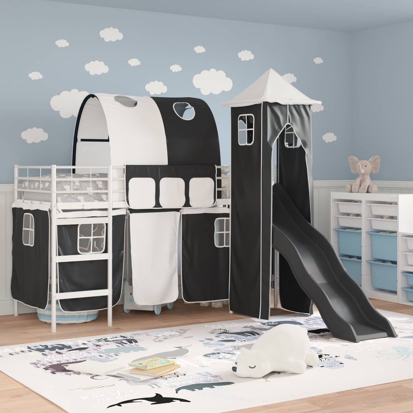 Kinder Etagenbett Gestell Weiß und Schwarz 75 x 190 cm Metall
