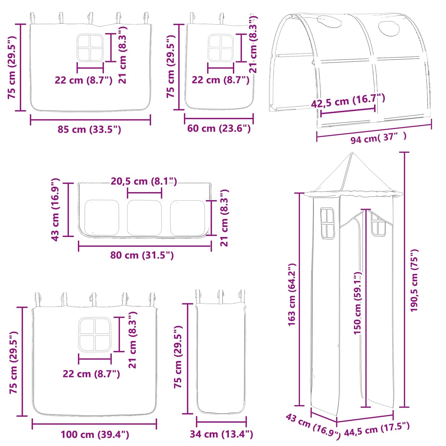 Kinder Etagenbett Gestell Weiß und Schwarz 80 x 200 cm Metall