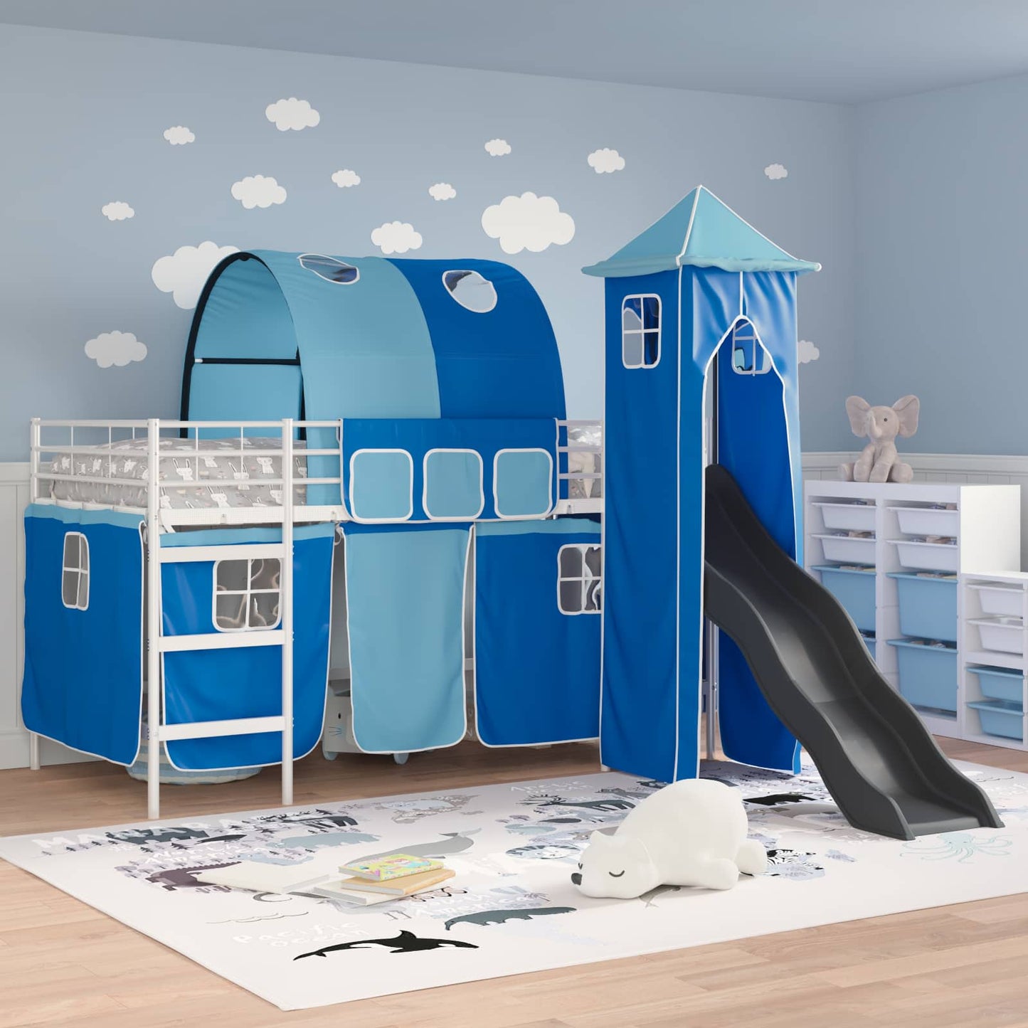 Kinder Etagenbett Gestell Uni Weiß und Blau 80 x 200 cm Metall