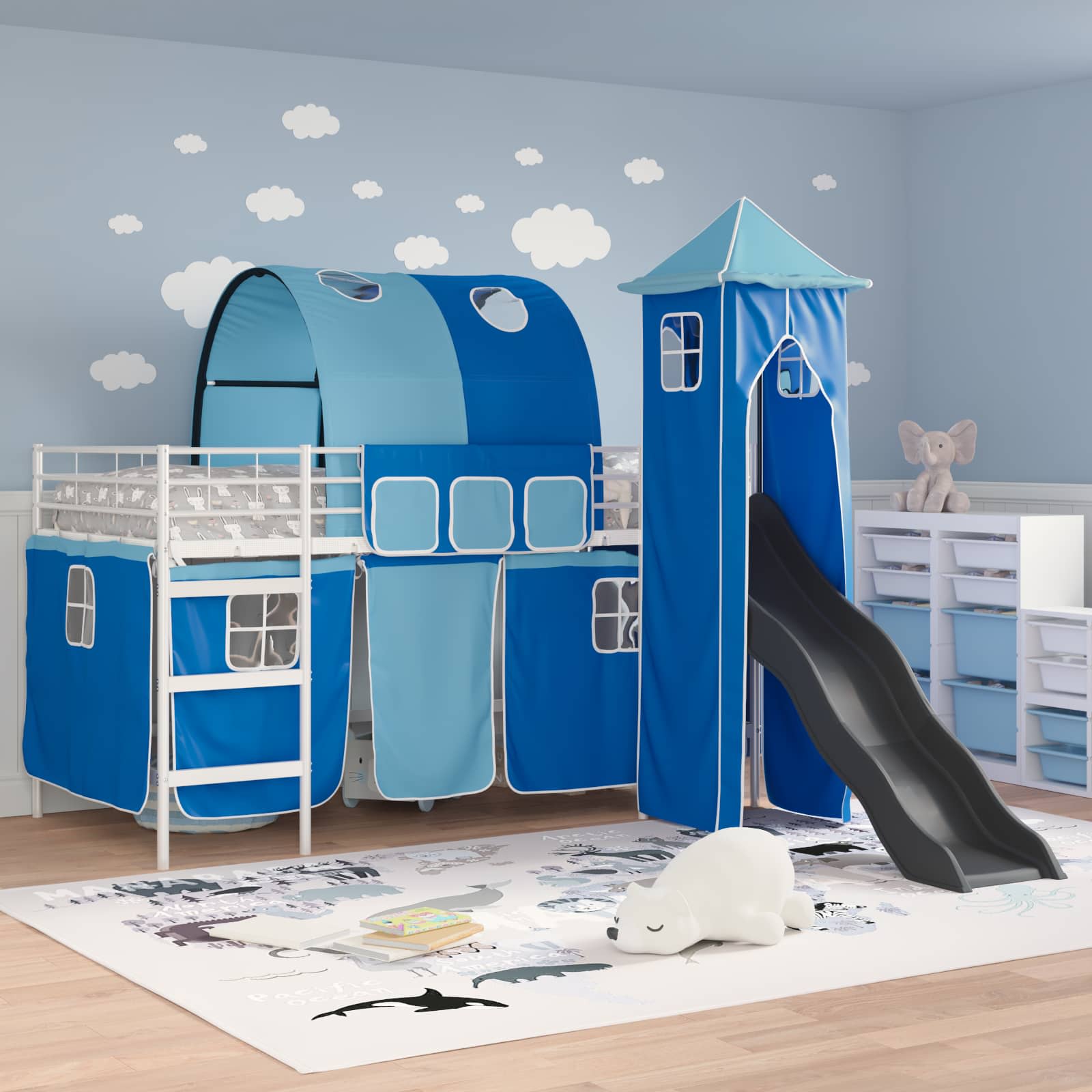 Kinder Etagenbett Gestell Uni Weiß und Blau 80 x 200 cm Metall
