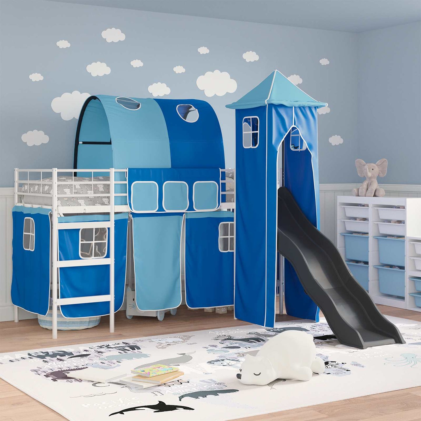 Kinder Etagenbett Gestell Uni Weiß und Blau 90 x 190 cm Metall