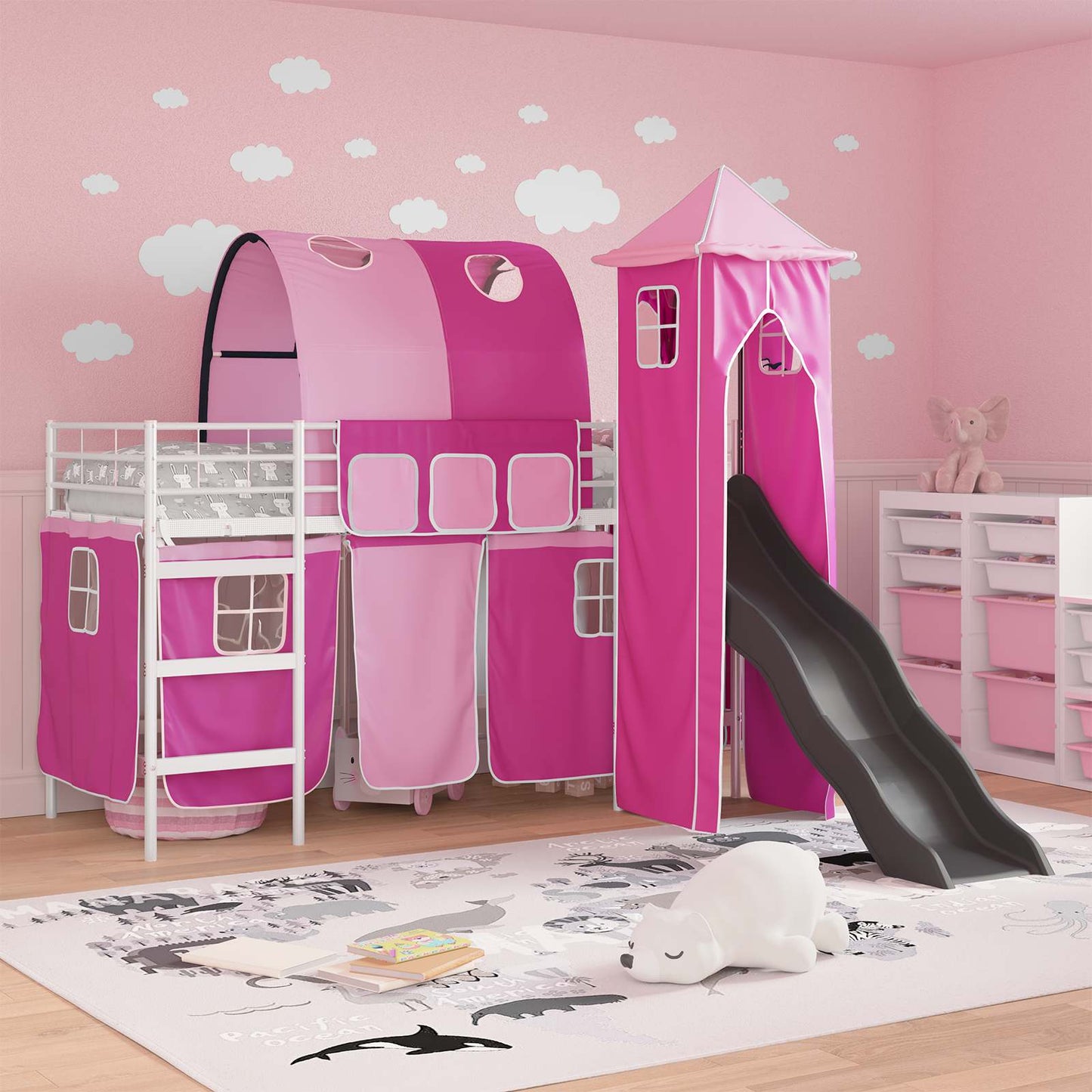 Kinder Etagenbett Gestell Uni Weiß und Rosa 75 x 190 cm Metall