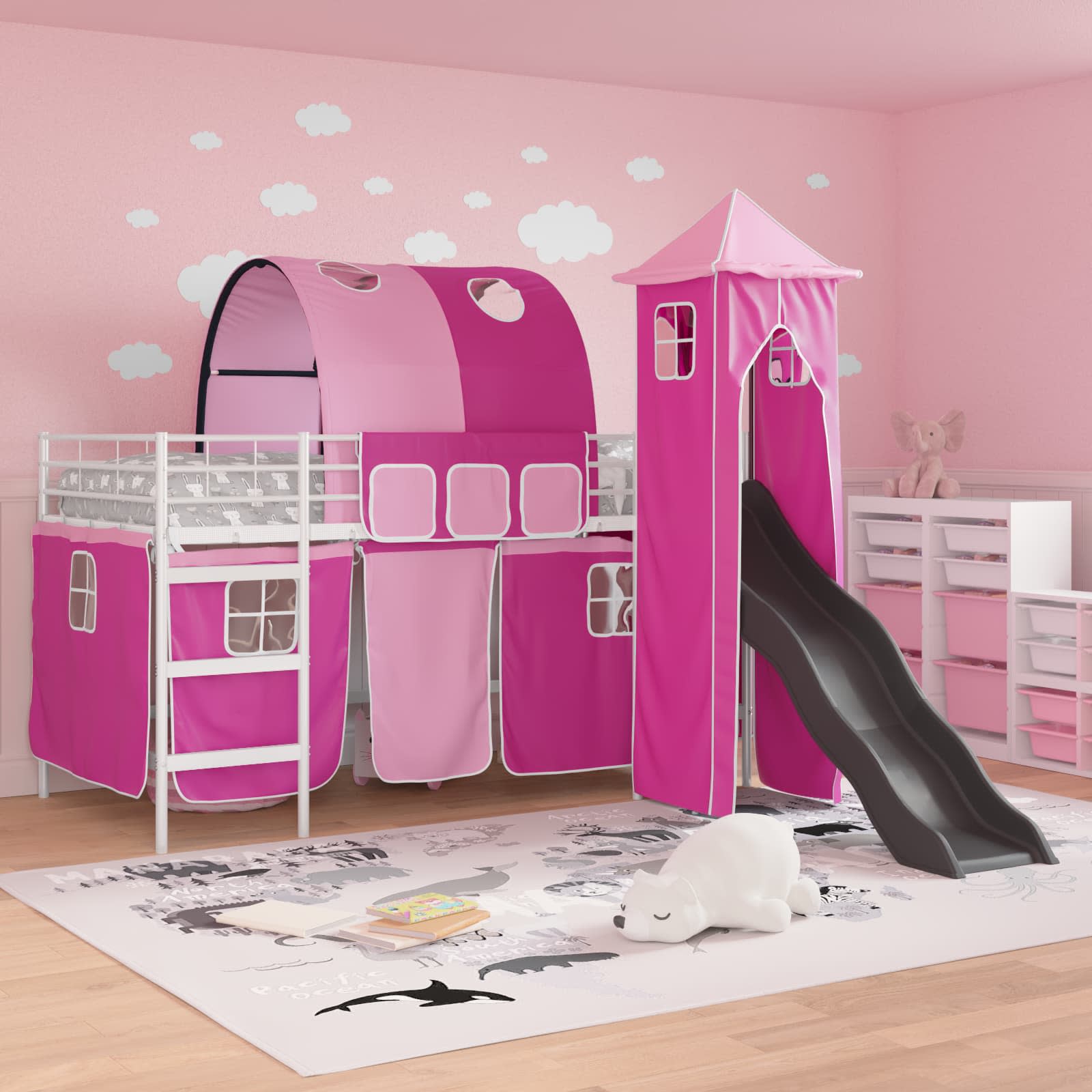 Kinder Etagenbett Gestell Uni Weiß und Rosa 80 x 200 cm Metall