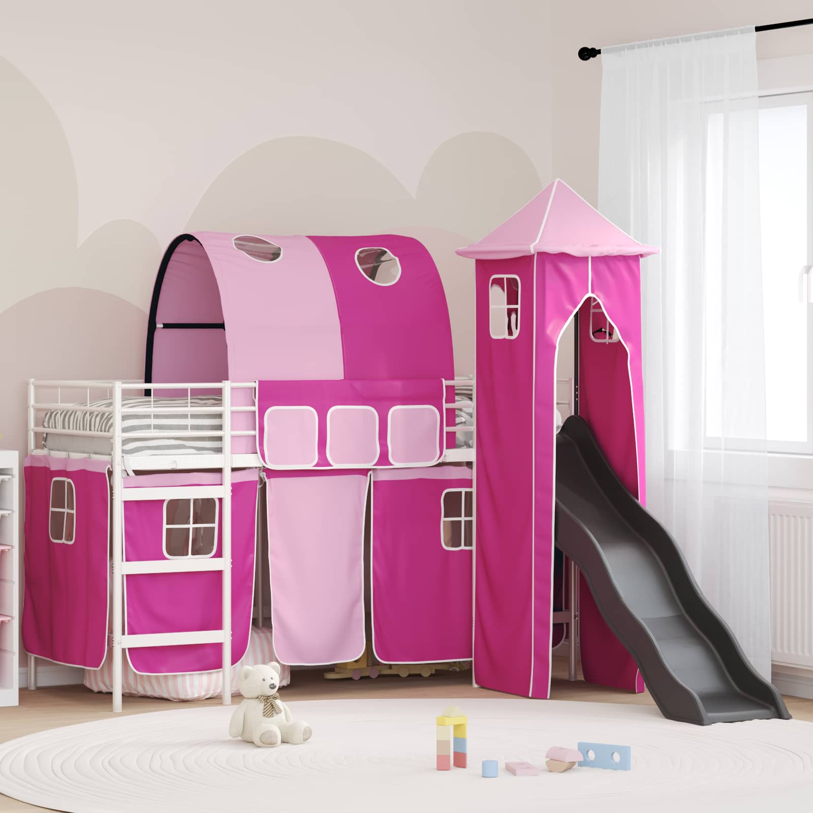 Kinder Etagenbett Gestell Uni Weiß und Rosa 90 x 190 cm Metall