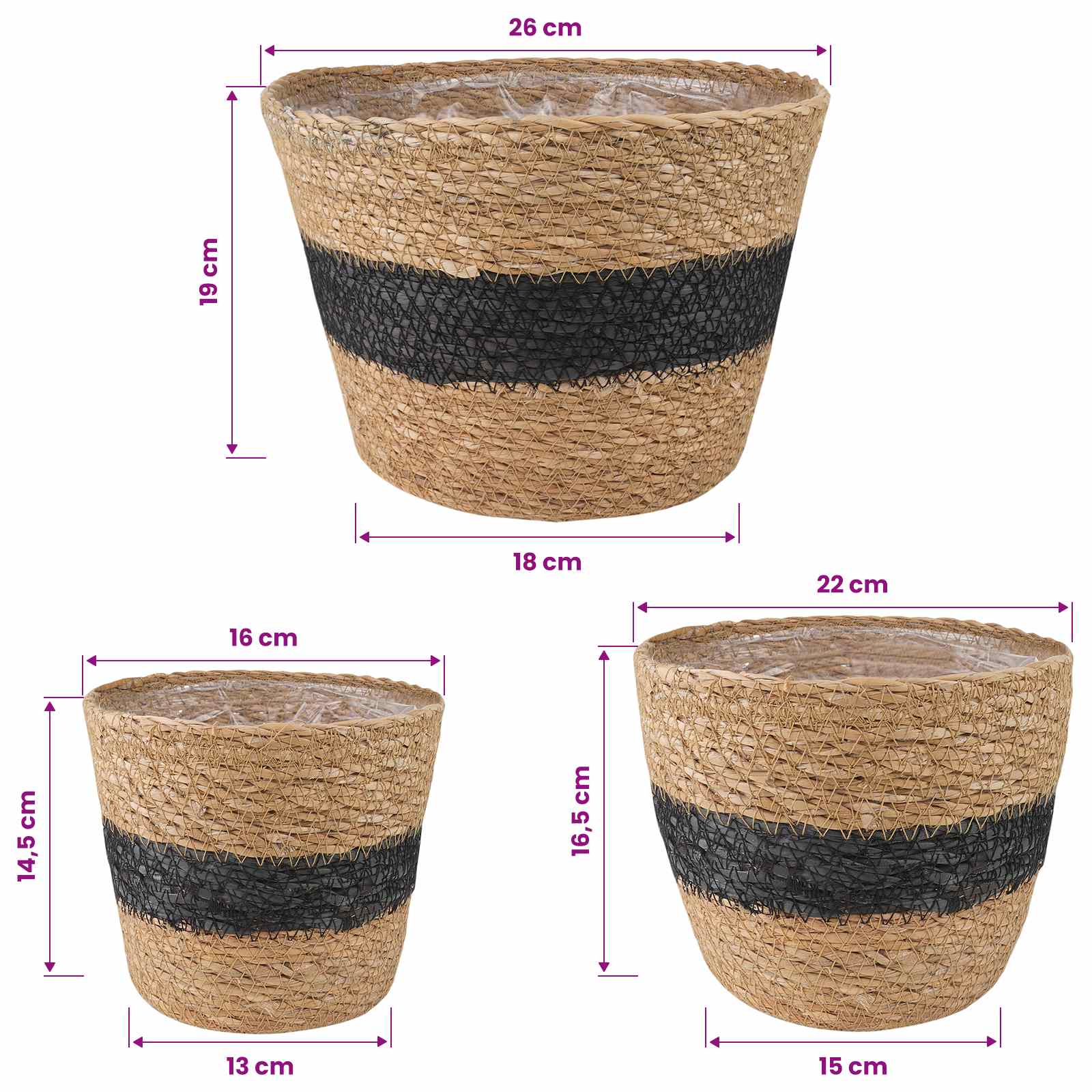 3 stk. Natürlich und Schwarz Ø26 x 19 cm 100% Seegras
