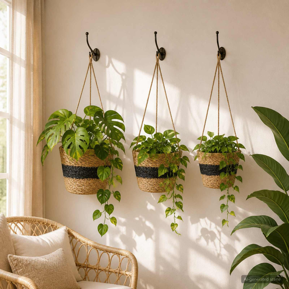 Hanging Plant Pot 3 stk. Natur und Schwarz Ø26 x 19 cm