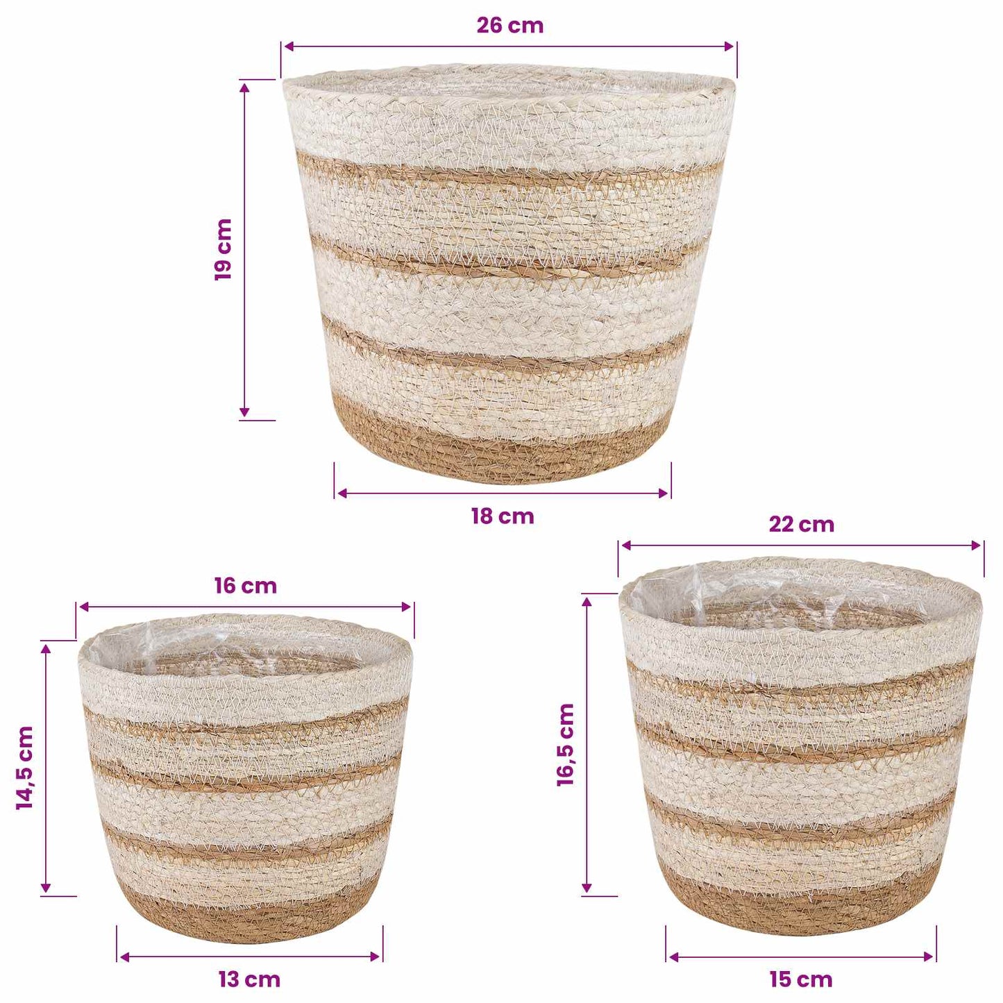 3 stk. Natürlich, Weiß und Beige Ø26 x 19 cm 100% Seegras