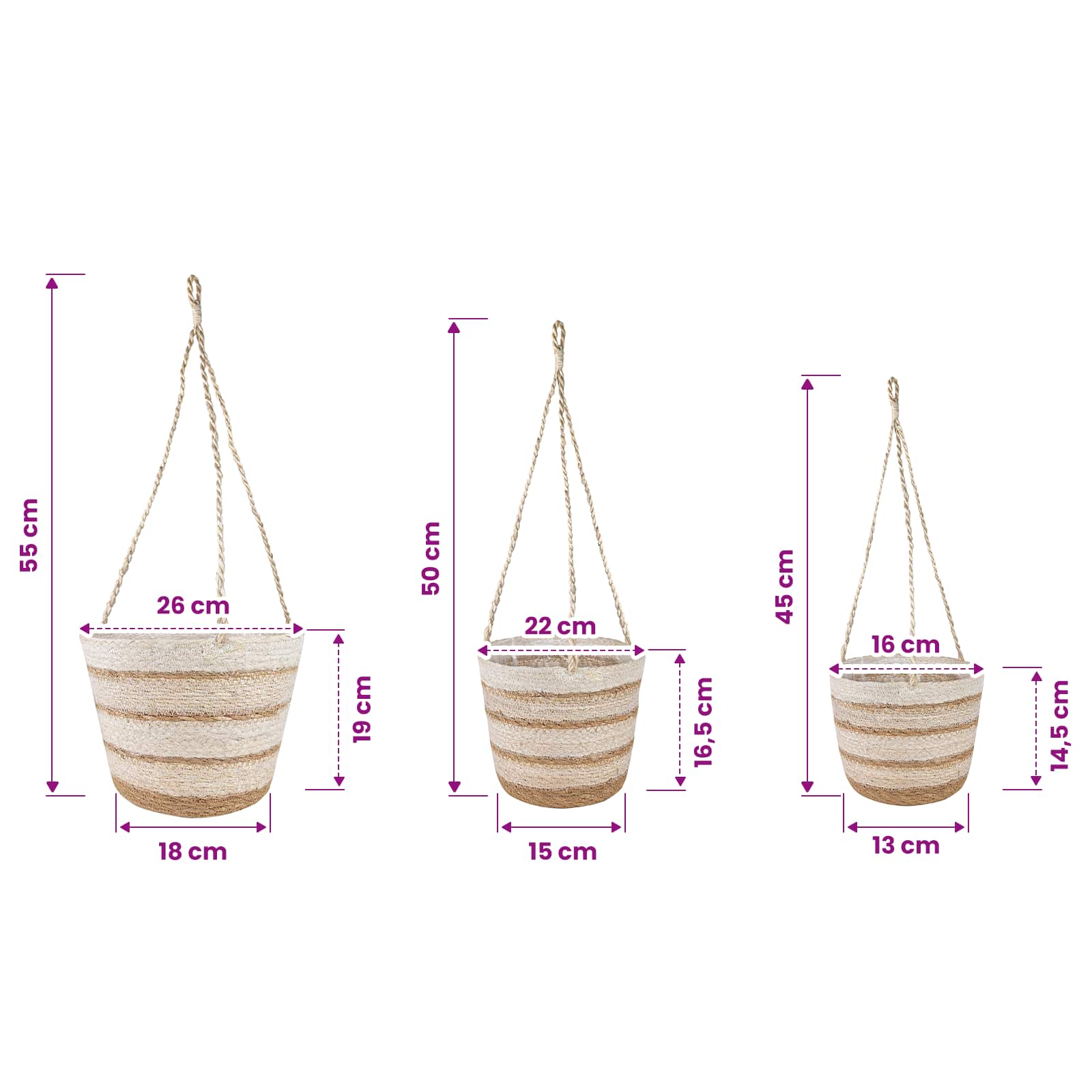 3 Stk. Natürlich, Weiß und Beige Ø26 x 19 cm 100% Seegras