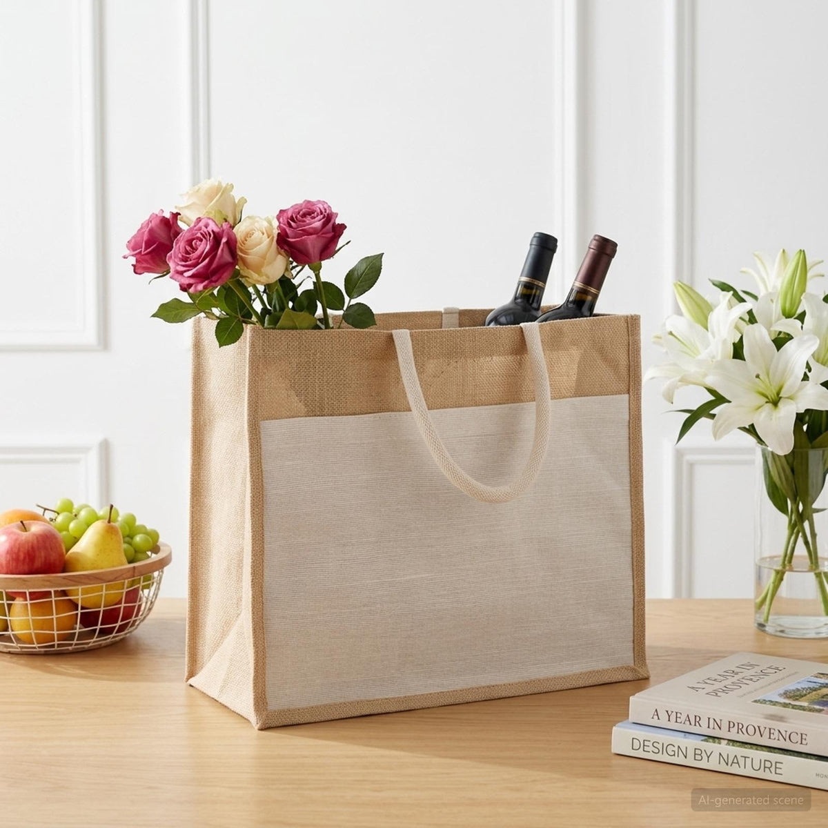 Jute-Handtaschen mit Tasche 5 Natürlich und Weiß