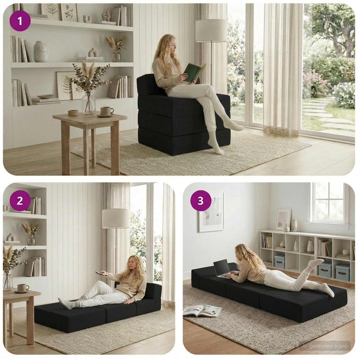 Klappsofa Bett Schwarz 200 x 70 x 15 cm Stoff