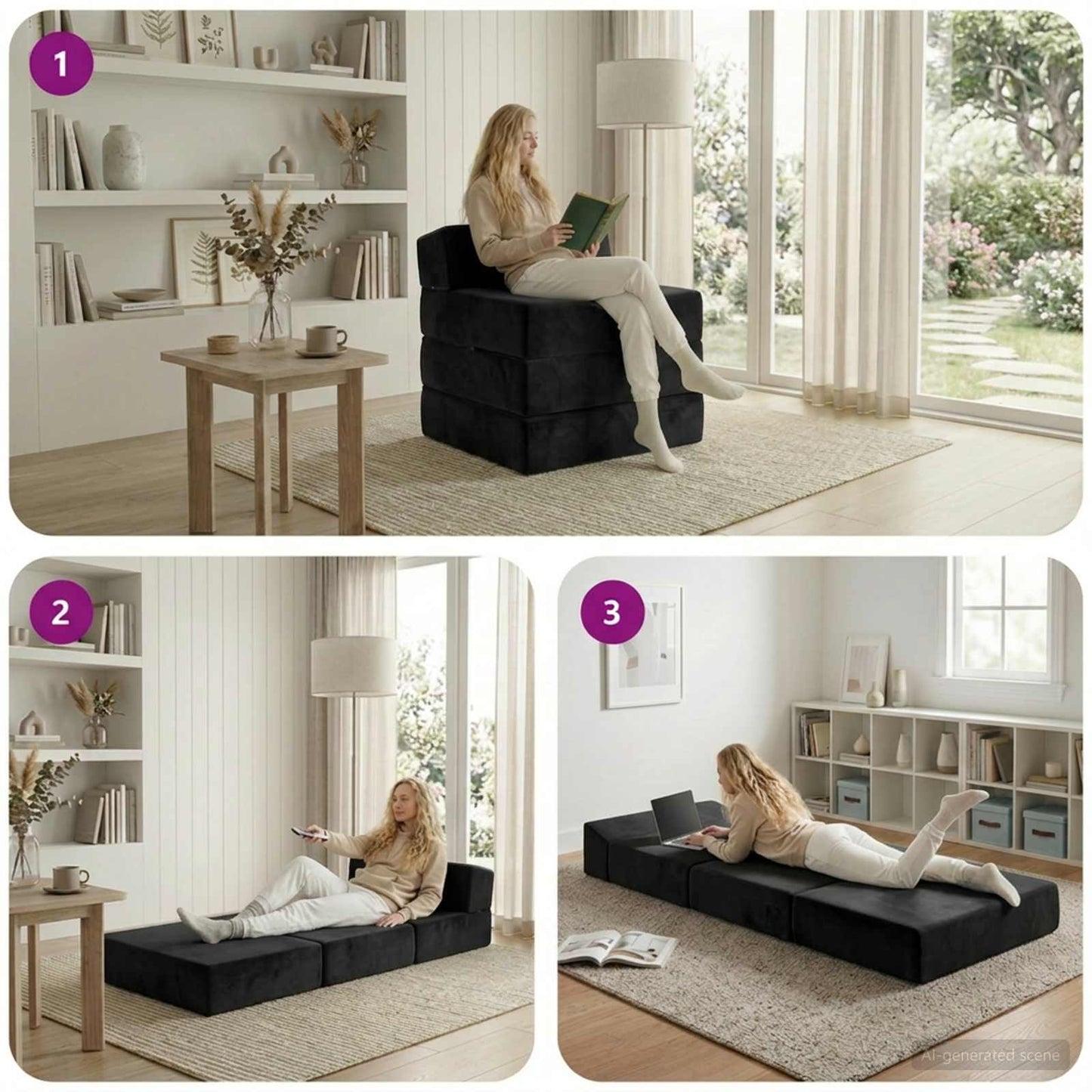 Klappsofa Bett Schwarz 200 x 70 x 15 cm Samt