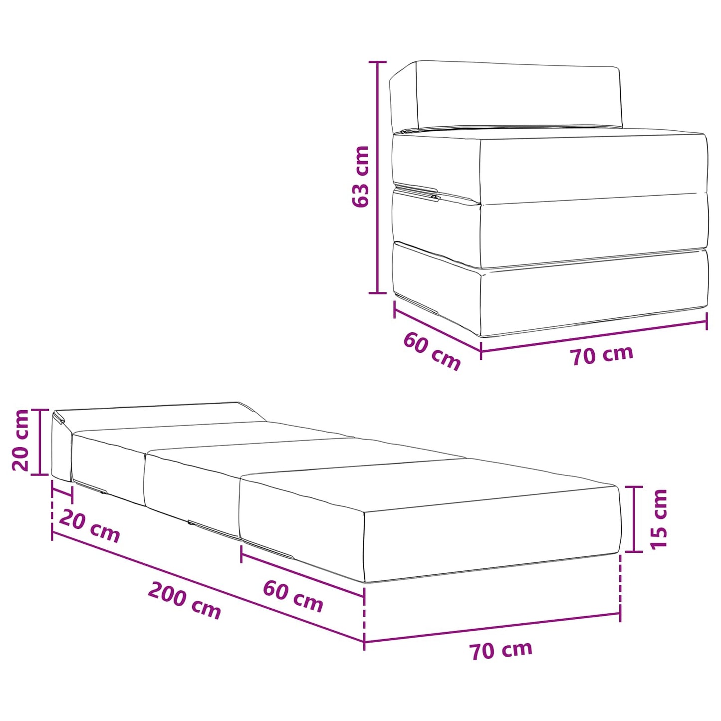 Klappsofa Bett Creme 200 x 70 x 15 cm Cordstoff