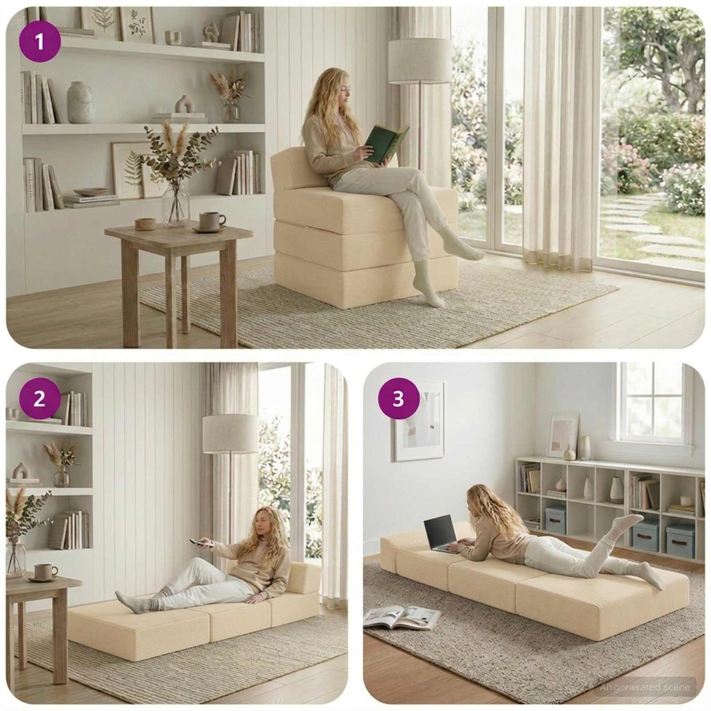 Klappsofa Bett Creme 200 x 70 x 15 cm Cordstoff