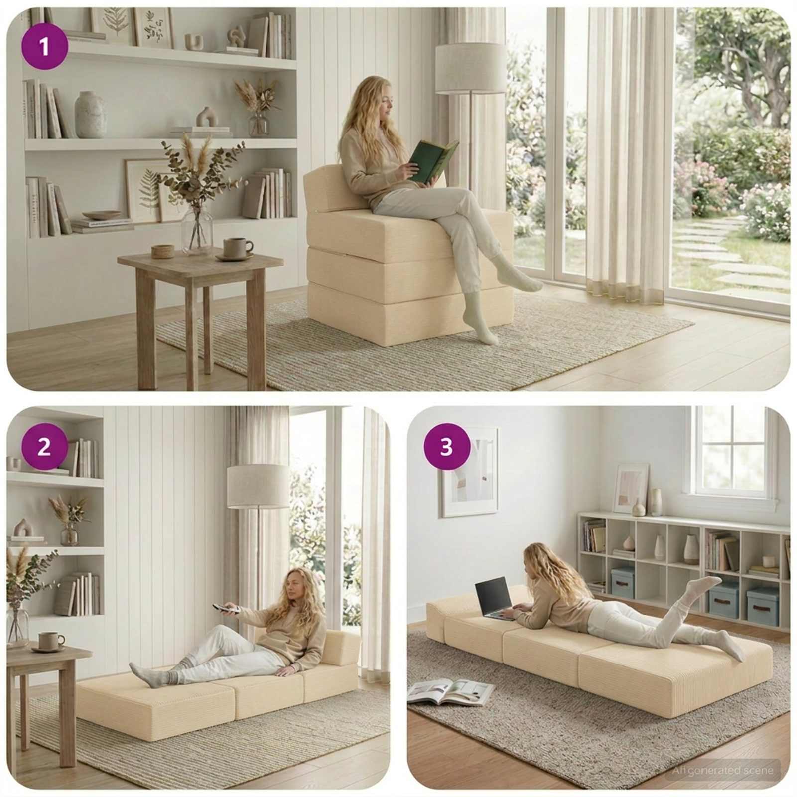Klappsofa Bett Creme 200 x 70 x 15 cm Cordstoff