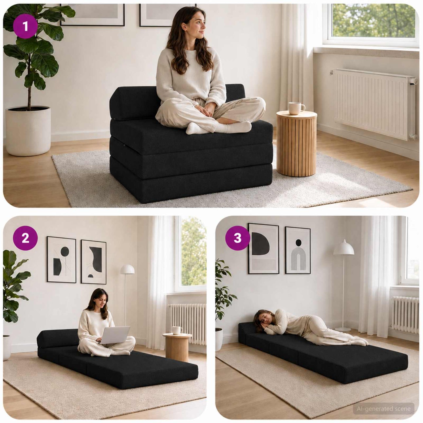 Klappsofa Bett Schwarz 200 x 70 x 10 cm Stoff