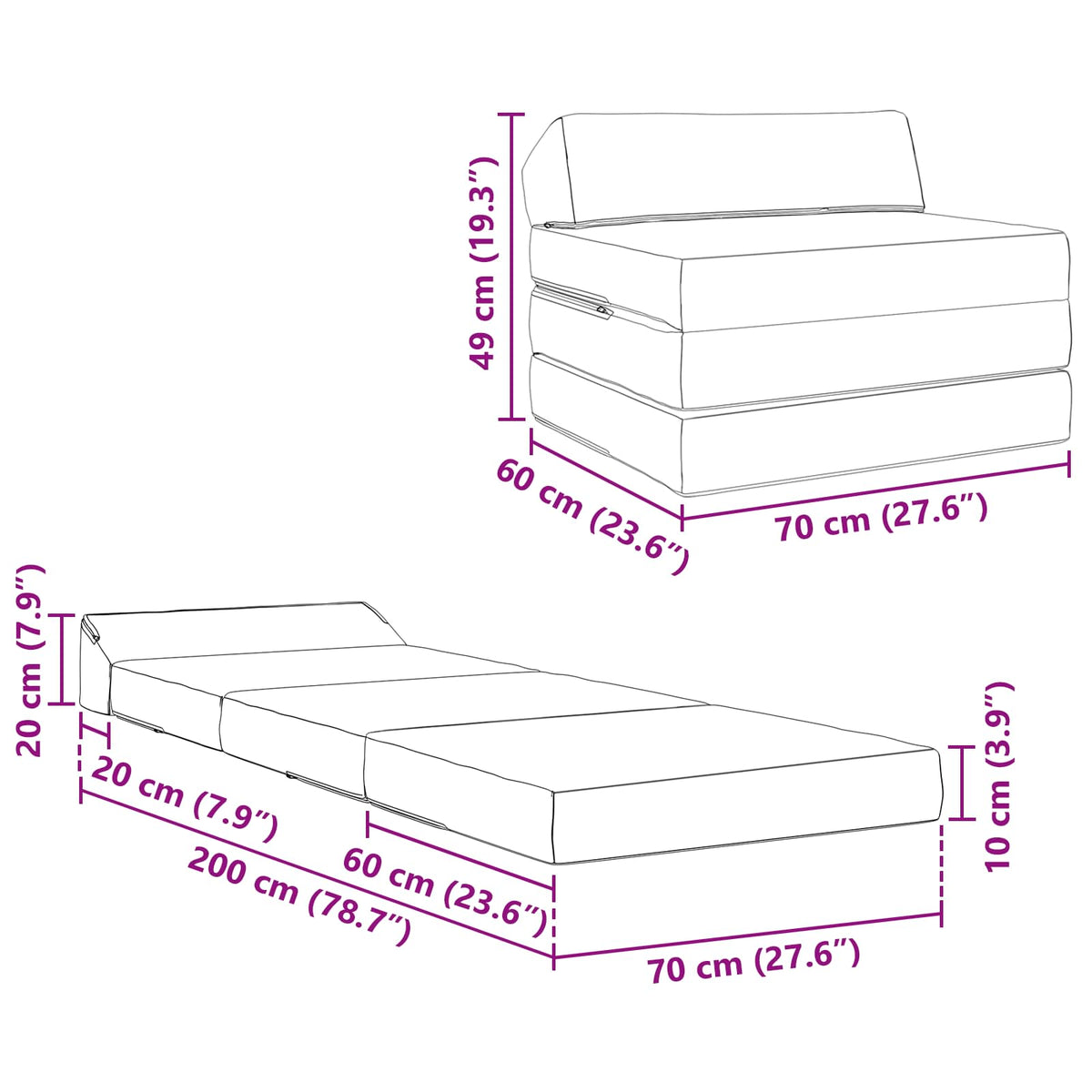 Klappsofa Bett Dunkelgrau 200 x 70 x 10 cm Samt