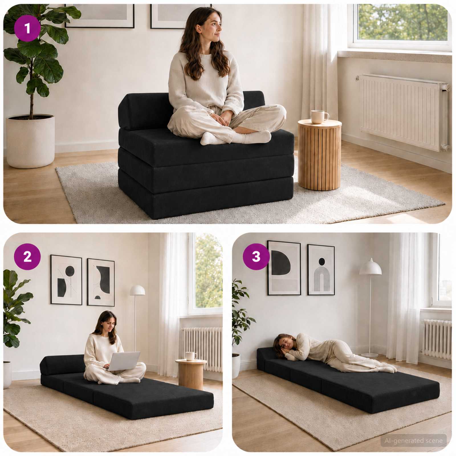 Klappsofa Bett Schwarz 200 x 70 x 10 cm Samt