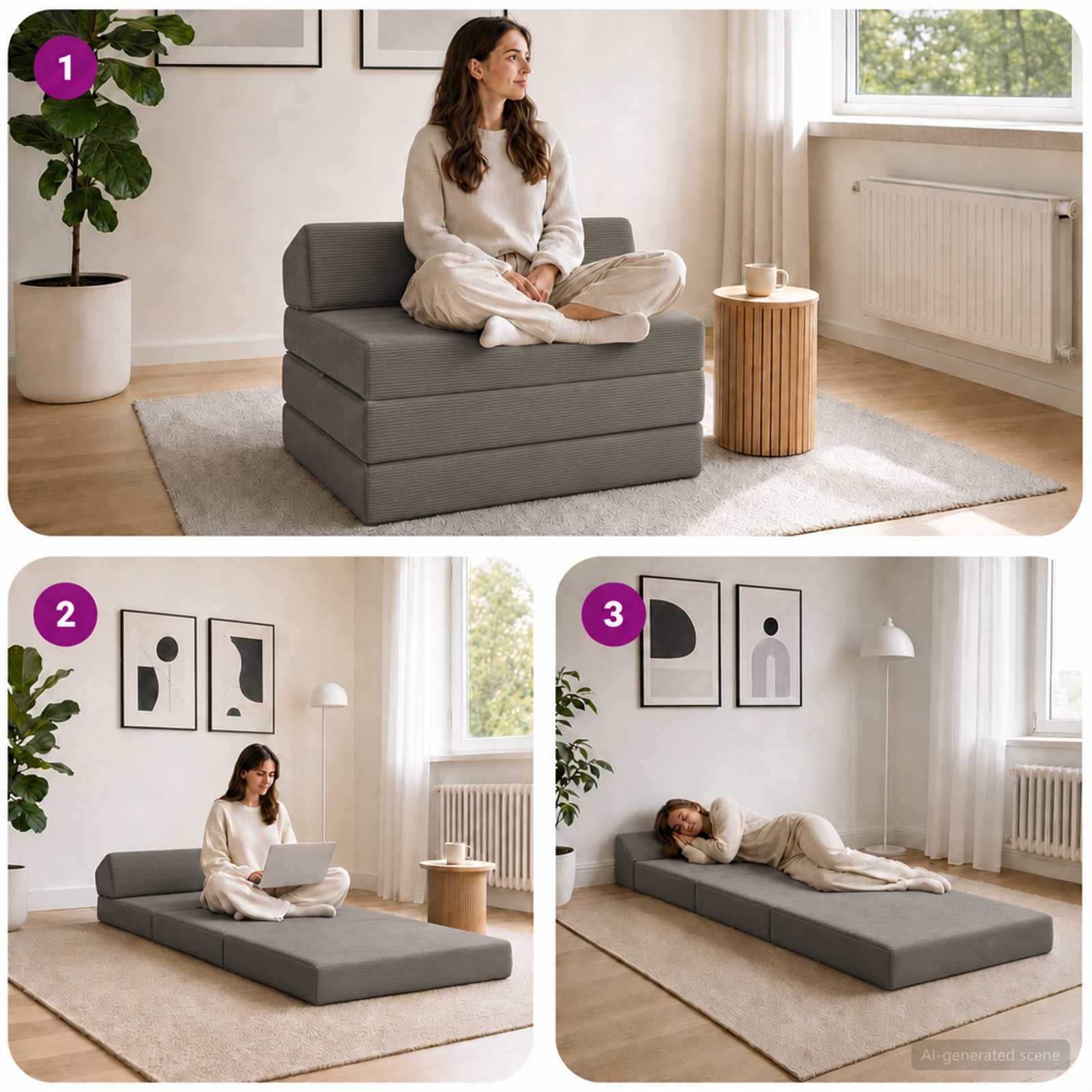 Klappsofa Bett Hellgrau 200 x 70 x 10 cm Cordstoff