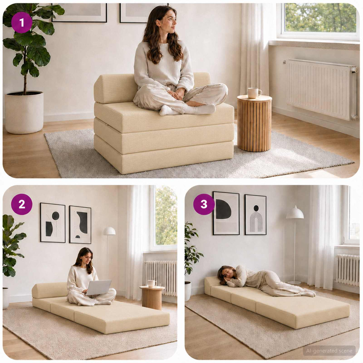 Klappsofa Bett Creme 200 x 70 x 10 cm Cordstoff