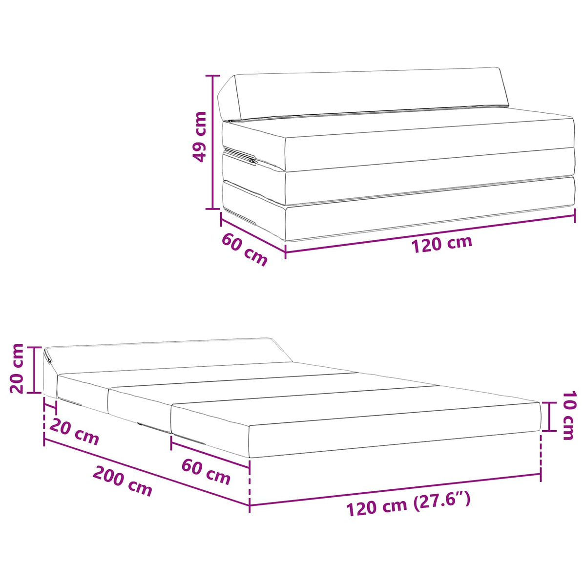 Klappsofa Bett Dunkelgrau 120 x 60 x 49 cm Stoff