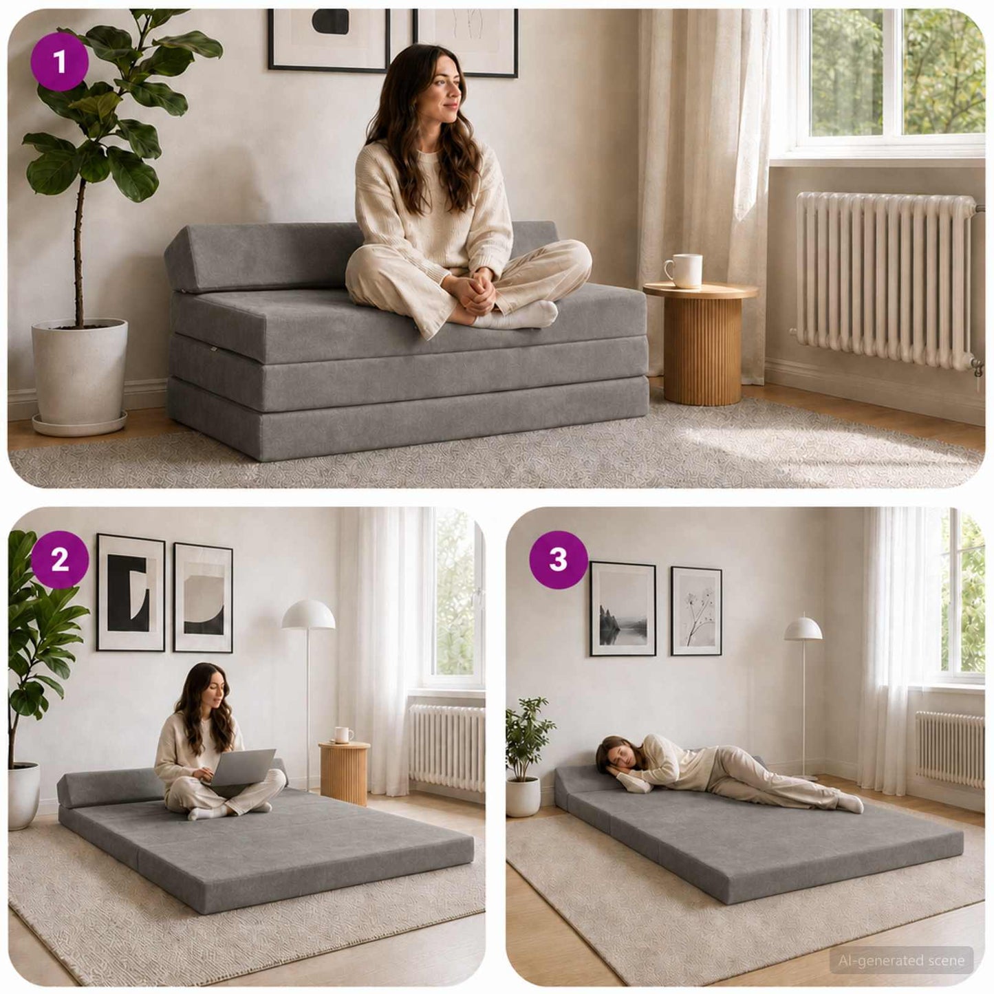 Klappsofa Bett Hellgrau 120 x 60 x 49 cm Stoff