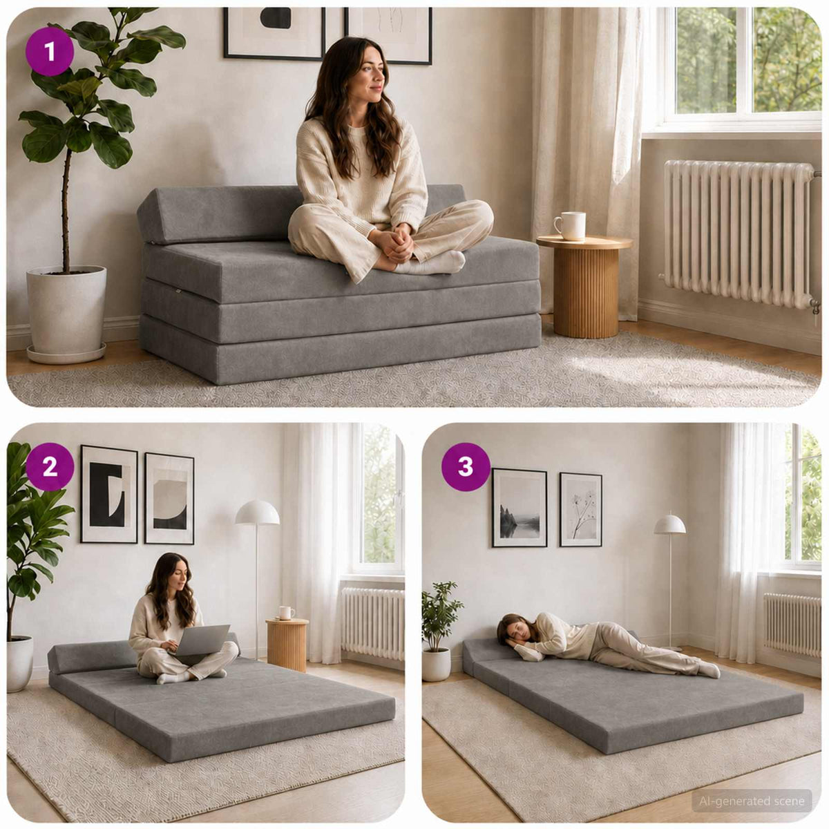 Klappsofa Bett Hellgrau 120 x 60 x 49 cm Stoff