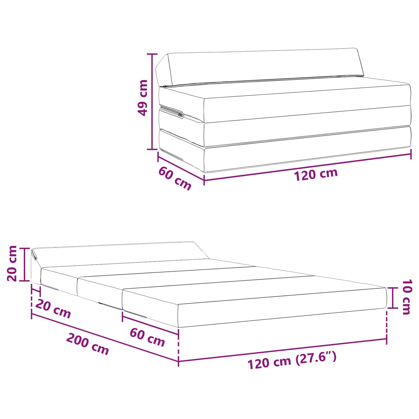Klappsofa Bett Schwarz 120 x 60 x 49 cm Stoff
