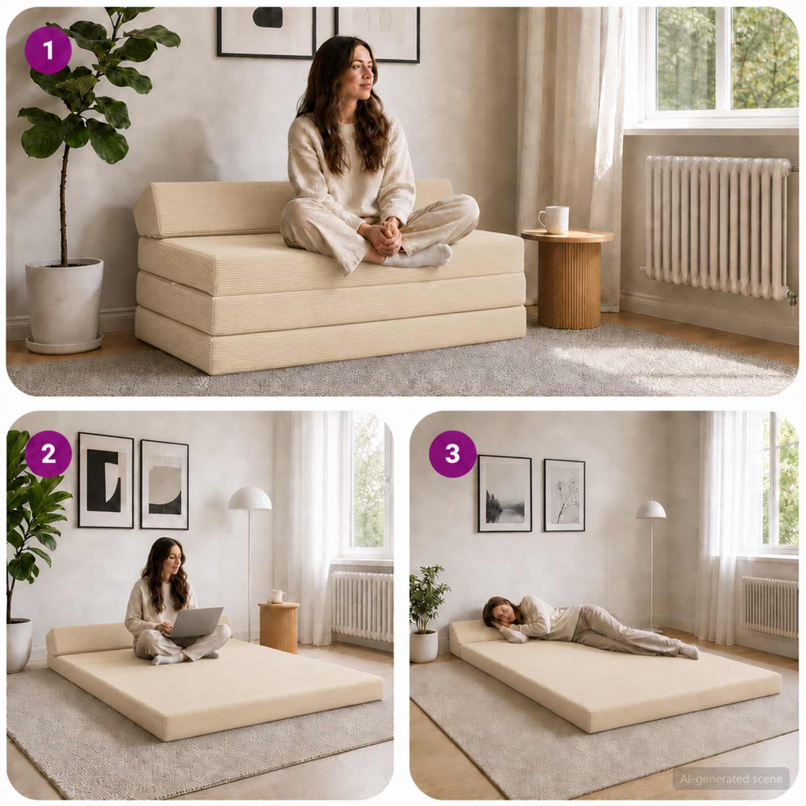 Klappsofa Bett Creme 120 x 60 x 49 cm Stoff