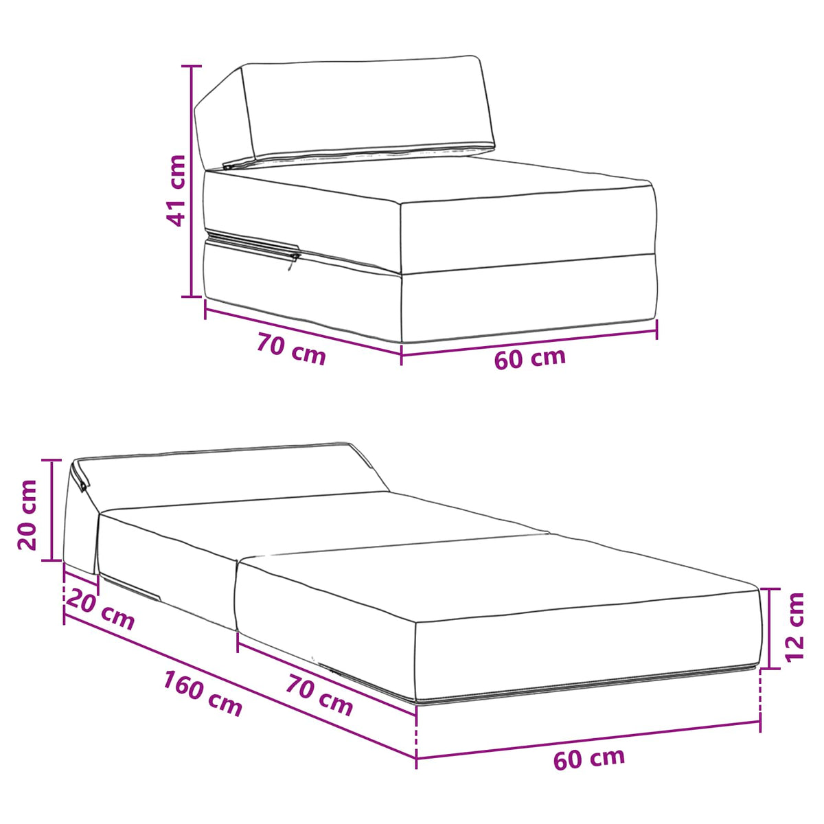 Klappsofa Bett Dunkelgrau 60 x 70 x 41 cm Stoff