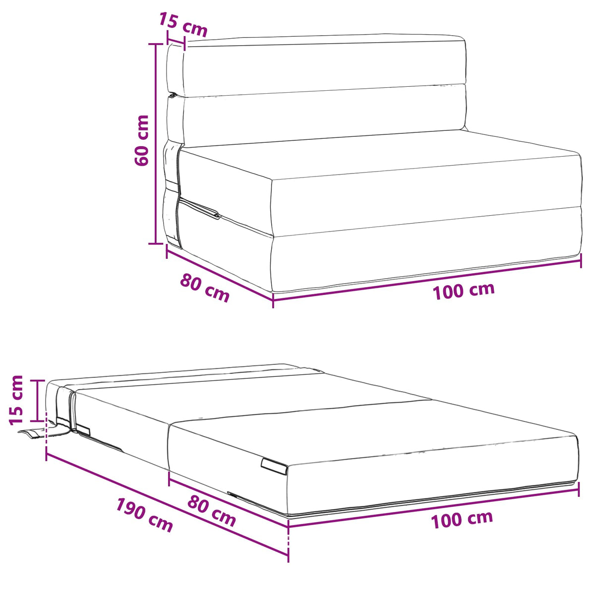 Klappsofa Bett Schwarz 100 x 80 x 60 cm Stoff
