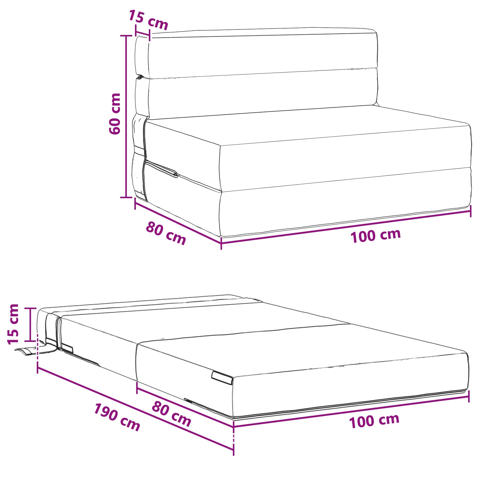 Klappsofa Bett Schwarz 100 x 80 x 60 cm Stoff