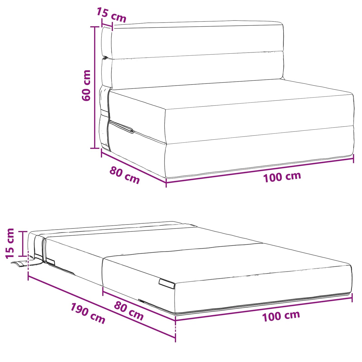 Klappsofa Bett Creme 100 x 80 x 60 cm Stoff
