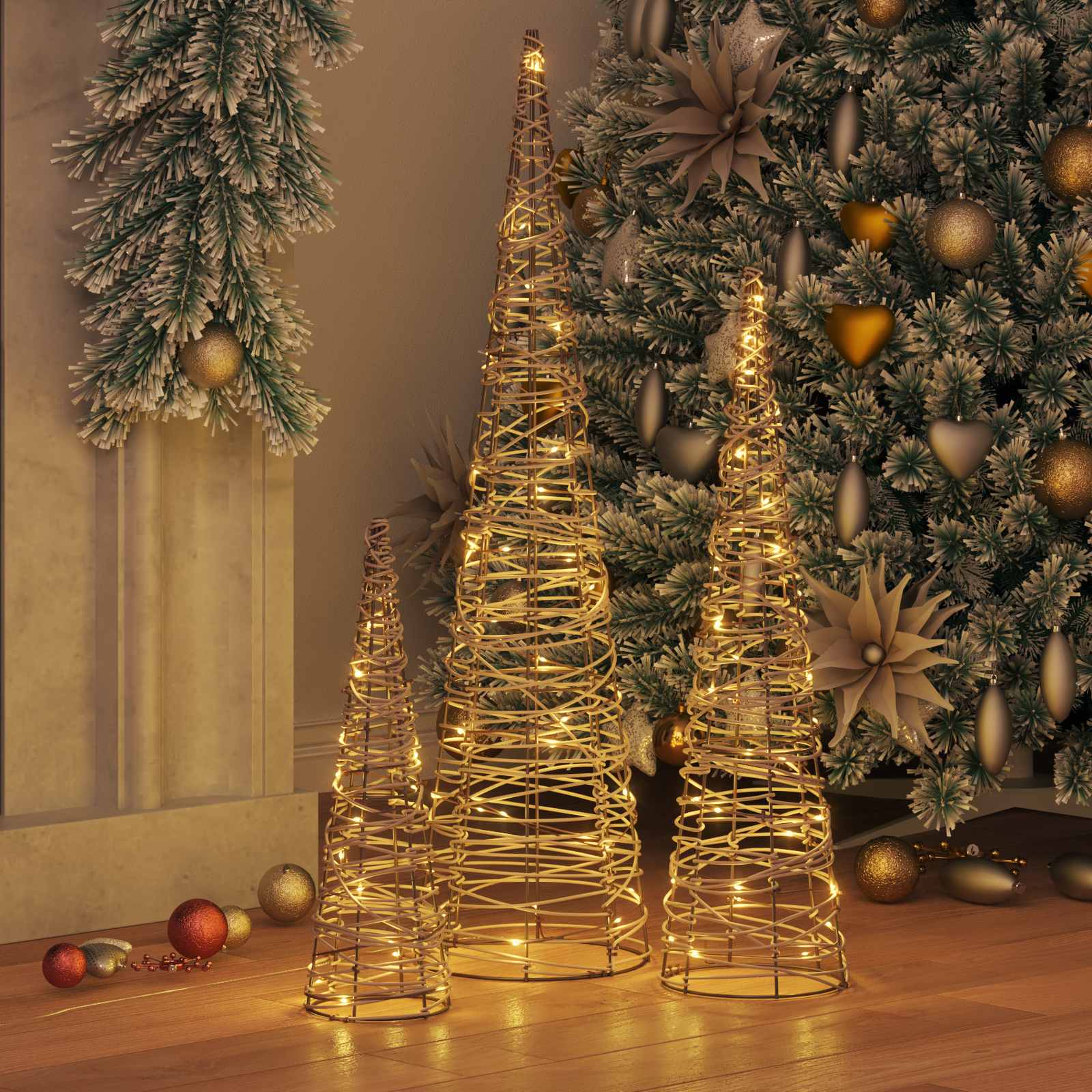 Weihnachtsbaum 3 stk. 90 LEDs Warmweiß 20 x 20 x 80 cm Rattan