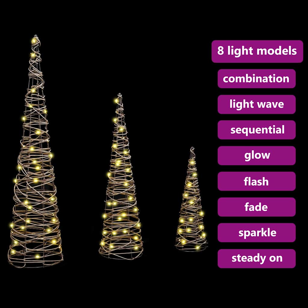 Weihnachtsbaum 3 stk. 90 LEDs Warmweiß 20 x 20 x 80 cm Rattan