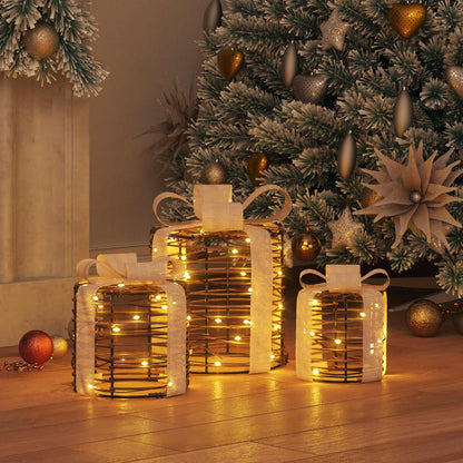 Geschenkbox Dekoration 3 stk. Warmweiß 20 x 20 x 20 cm Rattan