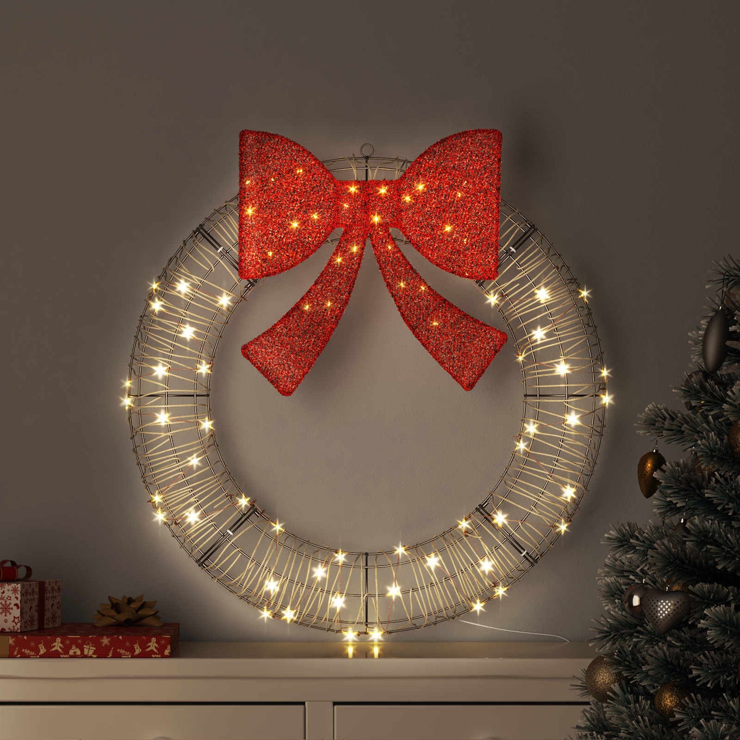 Kranz 80 LEDs Warmweiß 90 x 90 x 9 cm Rattan