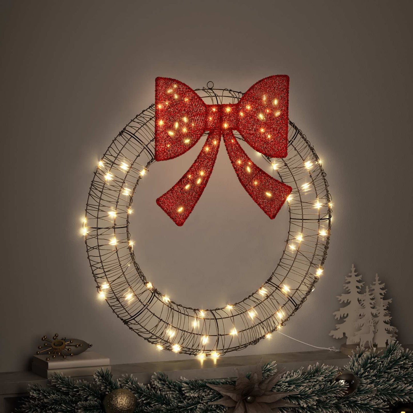 Kranz 80 LEDs Warmweiß 90 x 90 x 9 cm Rattan