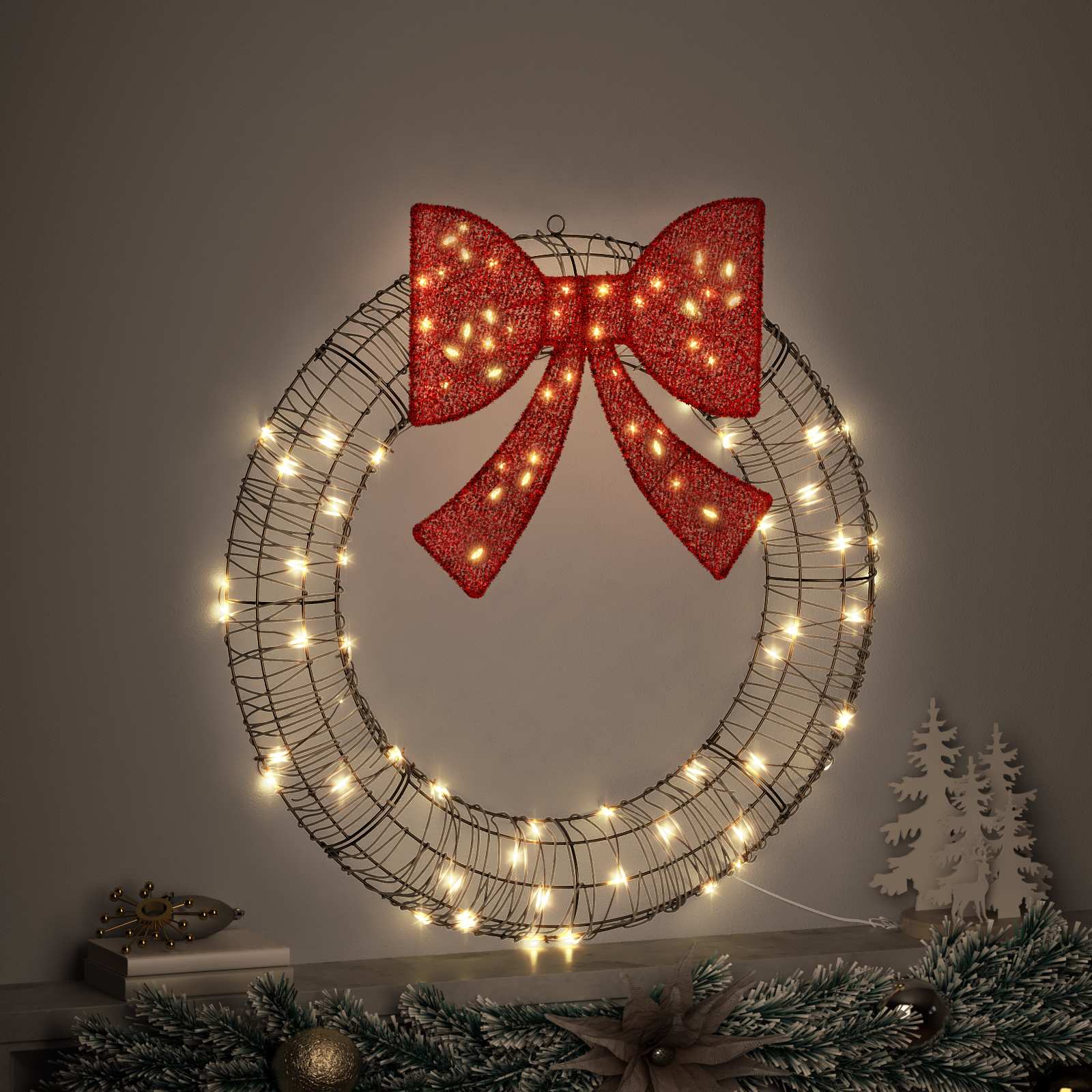 Kranz 80 LEDs Warmweiß 90 x 90 x 9 cm Rattan