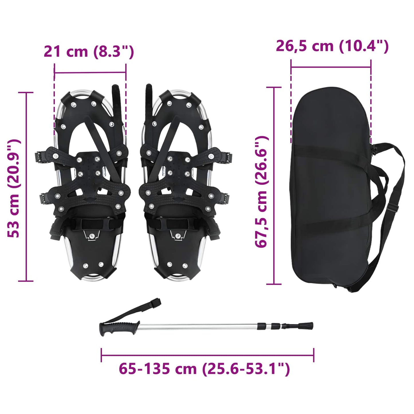3 in 1 Schneeschuhe mit Wanderstöcken Silber und Schwarz