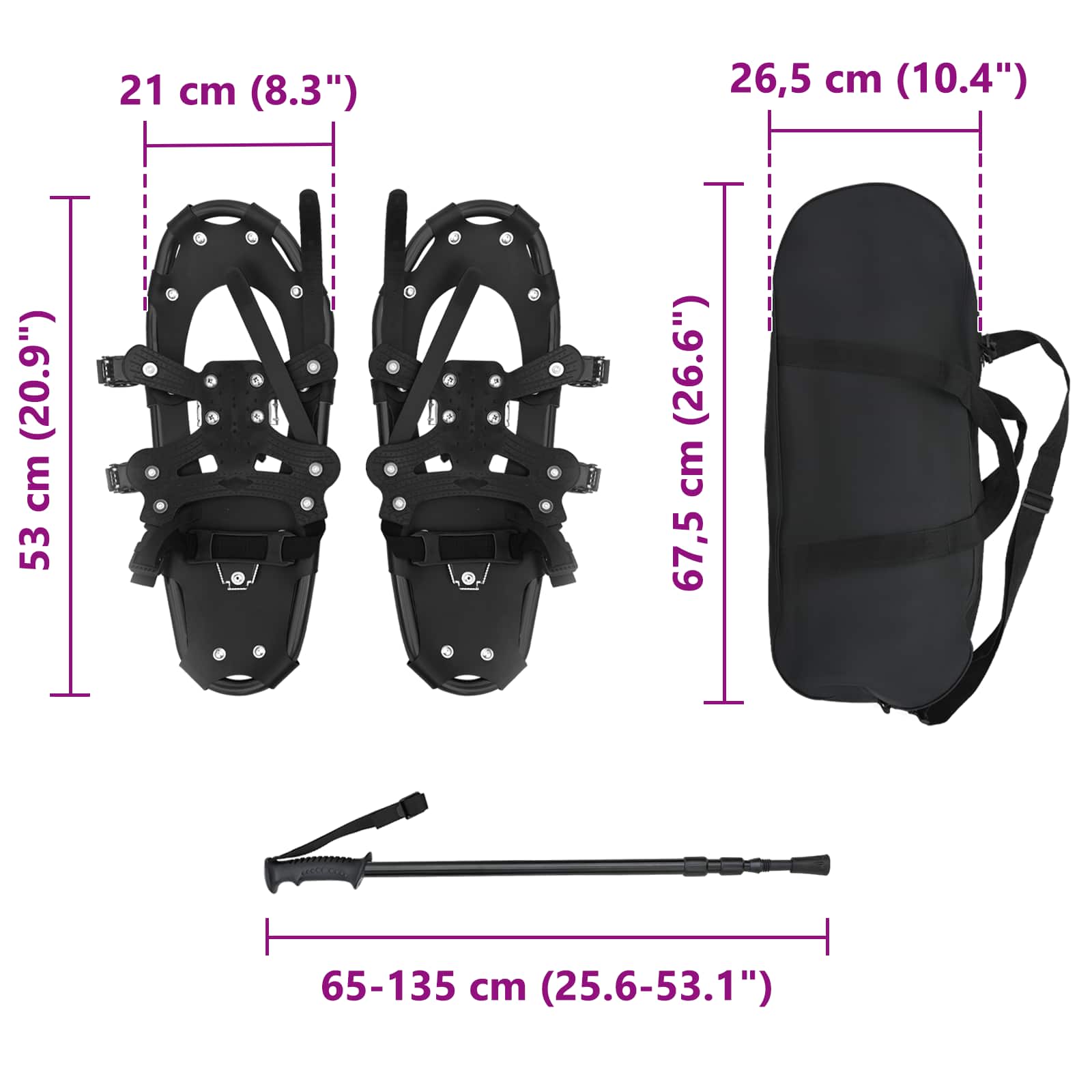 3 in 1 Schneeschuhe mit Wanderstöcken Schwarz 53 x 21 cm