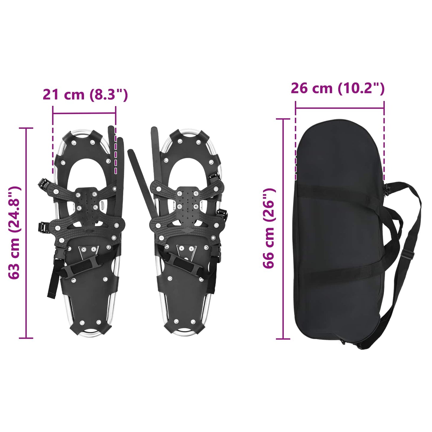 3 in 1 Schneeschuhe Silber und Schwarz 63 x 21 cm