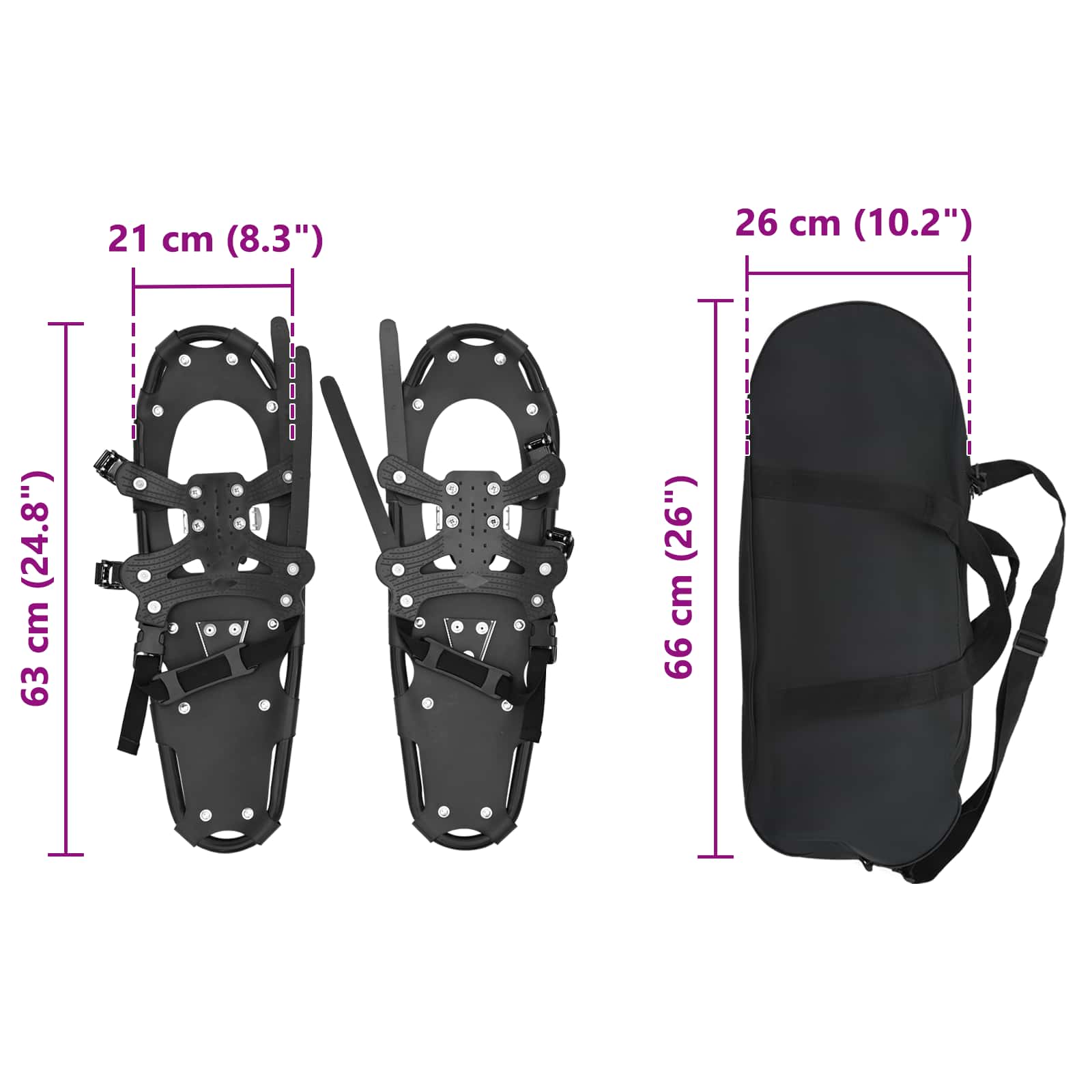 3 in 1 Schneeschuhe Schwarz 63 x 21 cm Aluminium und HDPE
