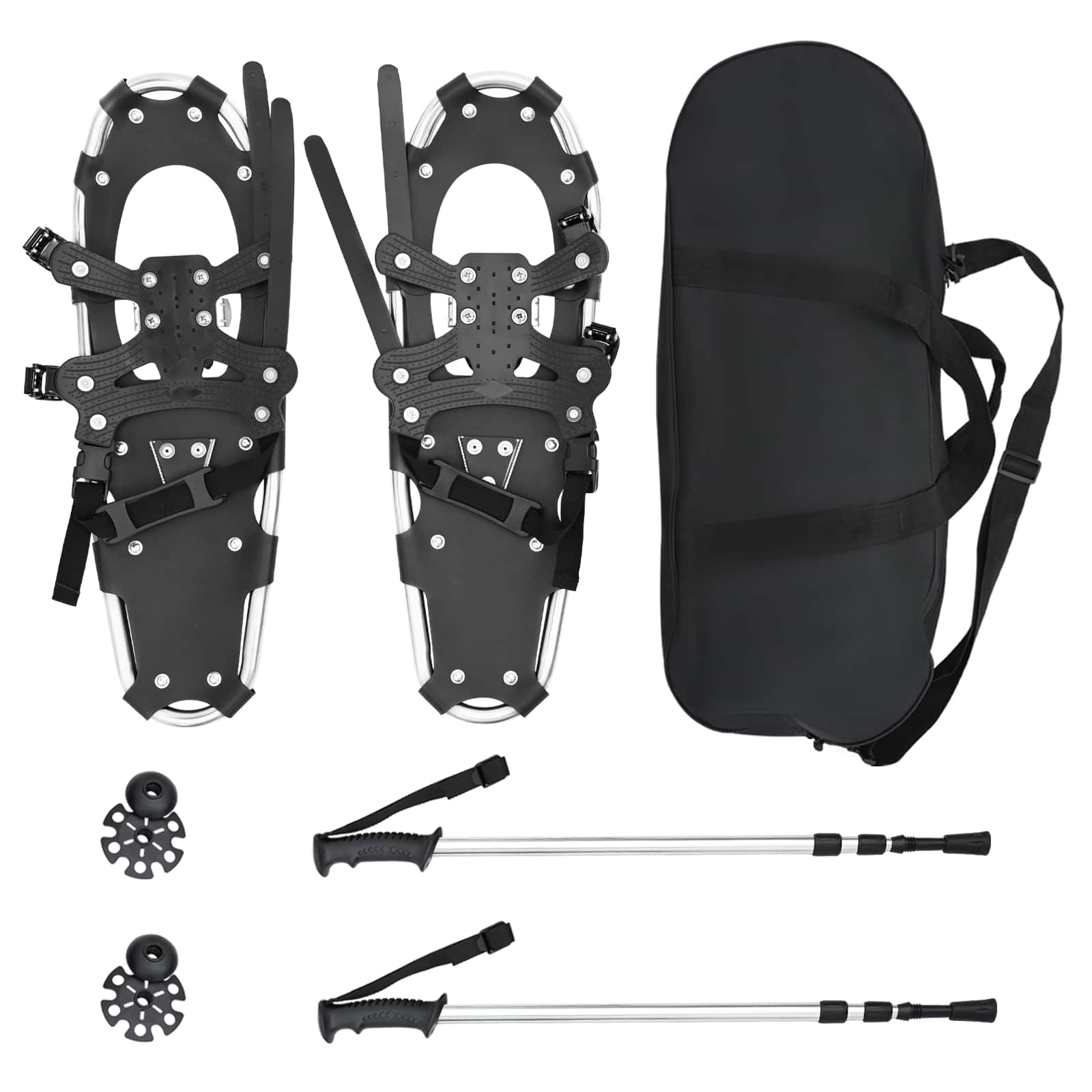 3 in 1 Schneeschuhe mit Wanderstöcken Silber und Schwarz