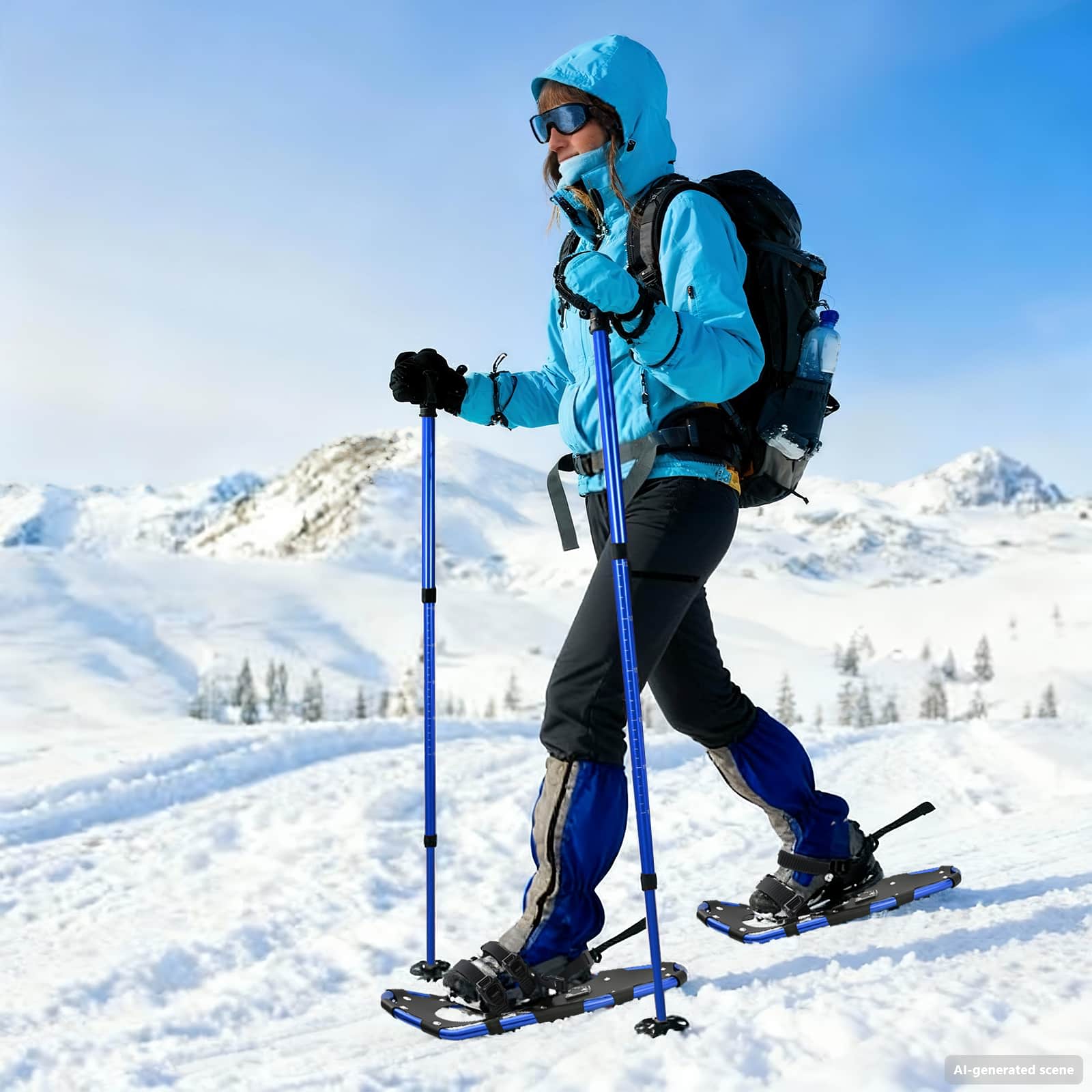 3 in 1 Schneeschuhe mit Wanderstöcken Blau und Schwarz