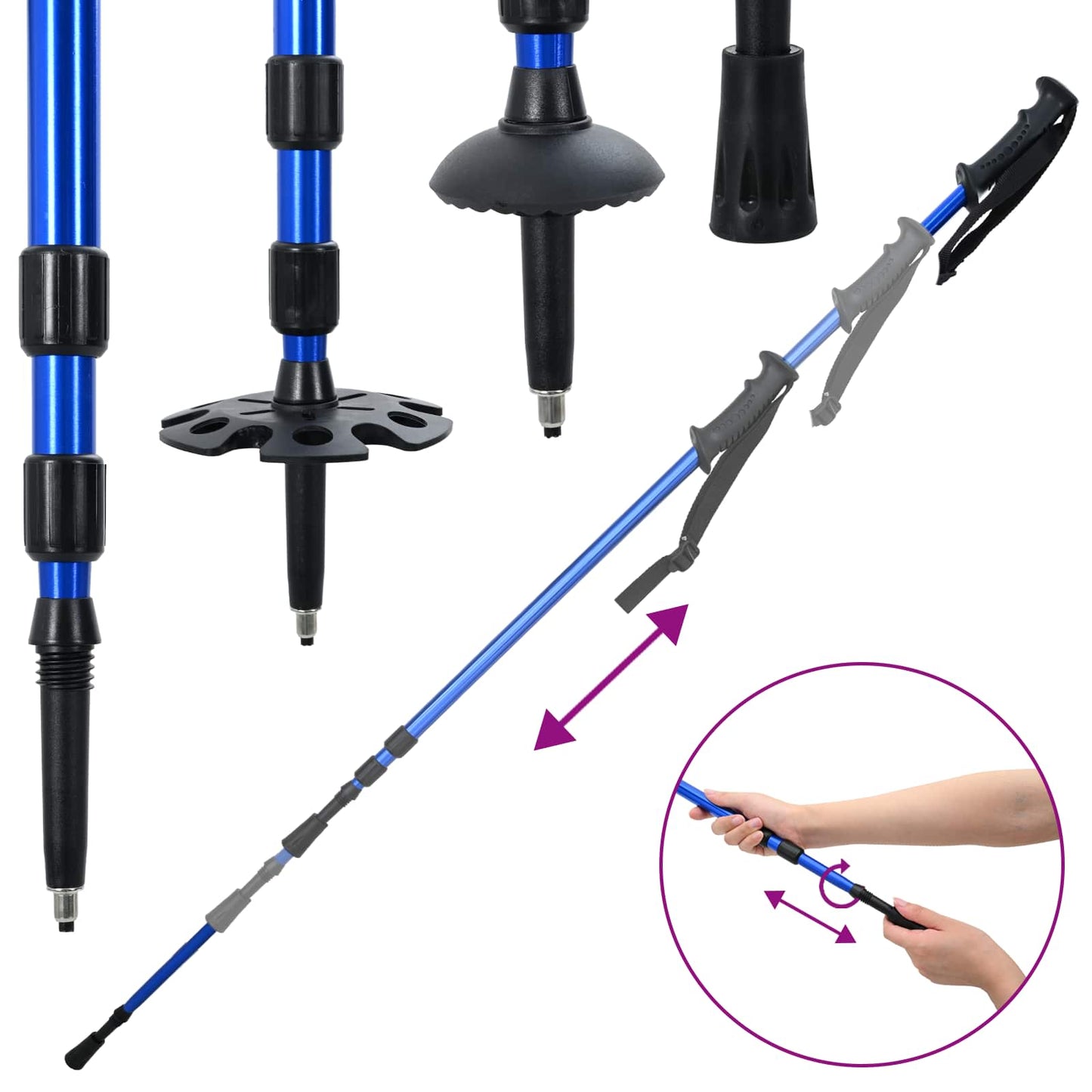 3 in 1 Schneeschuhe mit Wanderstöcken Blau und Schwarz